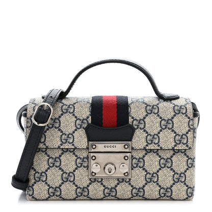 Gucci GG Supreme Monogram Textured Dollar Calfskin Web Mini Padlock Top Handle Shoulder Bag Beige Blue 1 of 11