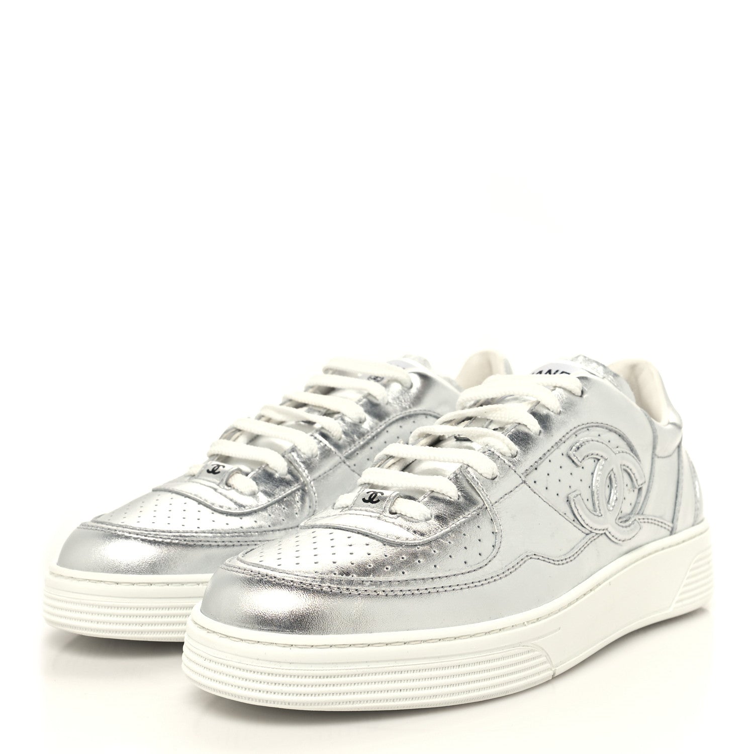 Chanel Laminated Calfskin CC Womens Sneakers 40 Silver 3 of 8
