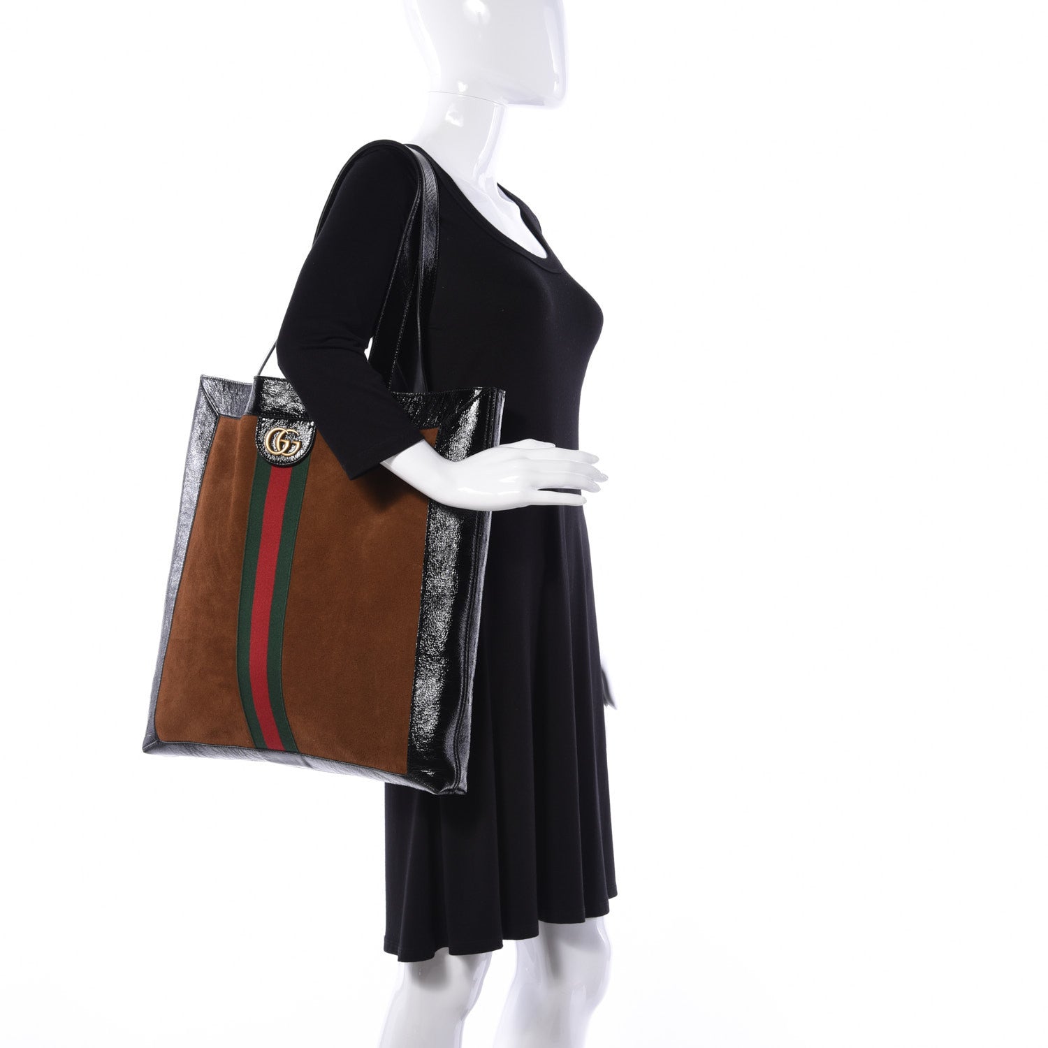 Gucci Suede Patent Web Large Ophidia Vertical Shopping Tote Nocciola Black 2 of 11