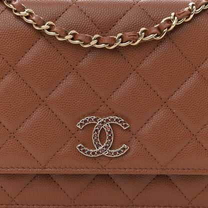 Chanel Shiny Caviar Quilted Strass Wallet On Chain WOC Light Brown 9 of 11