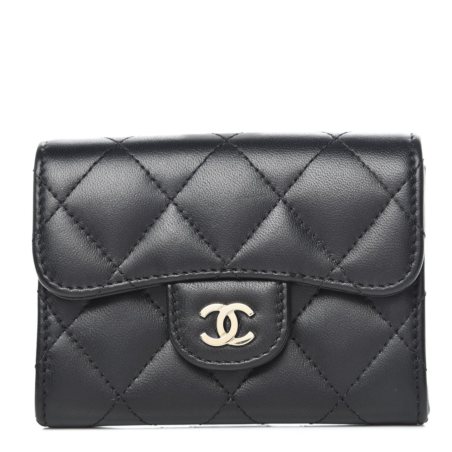 Lambskin Quilted Flap Card Holder Wallet Black
