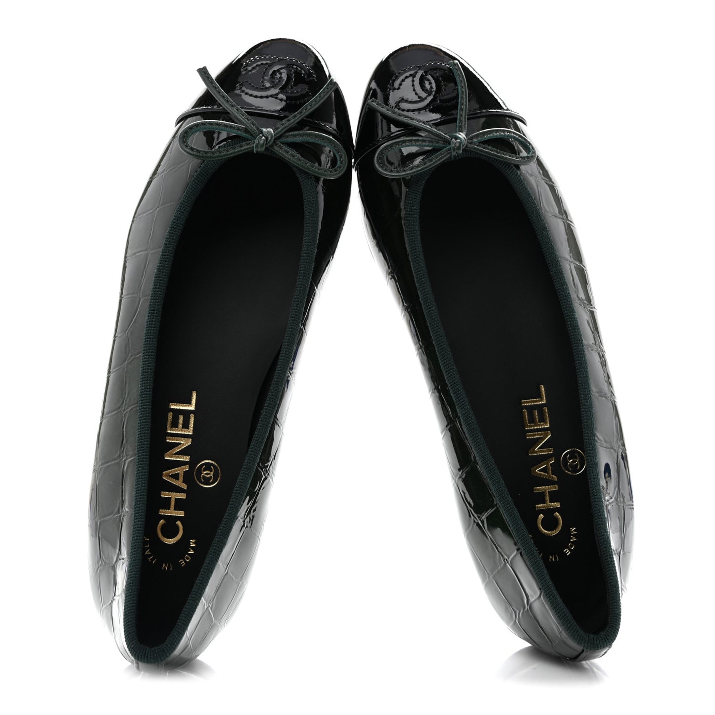 Crocodile Embossed Patent Calfskin Cap Toe CC Ballerina Flats 35.5 Dark Green Black
