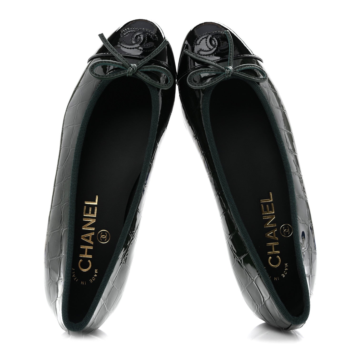 Chanel Crocodile Embossed Patent Calfskin Cap Toe CC Ballerina Flats 35.5 Dark Green Black 2 of 11