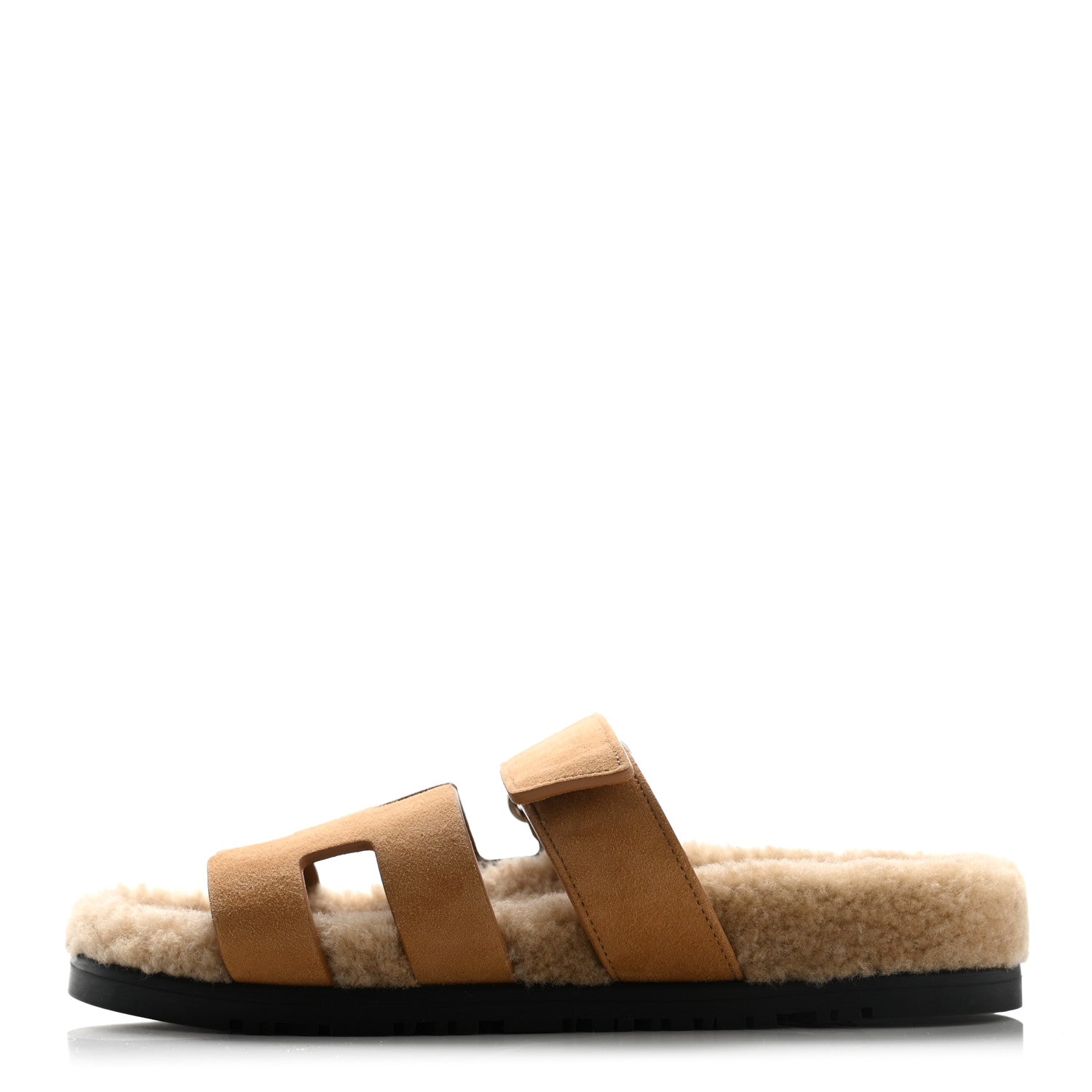 Hermes Suede Goatskin Woolskin Womens Chypre Sandals 36.5 Golden Beige 1 of 9