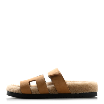 Hermes Suede Goatskin Woolskin Womens Chypre Sandals 36.5 Golden Beige 1 of 9