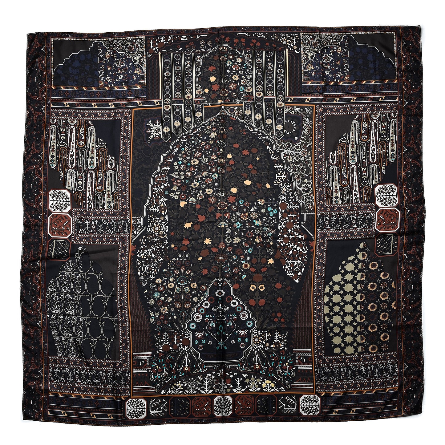 Silk Twill Tapis Persans Scarf 140 Bronze Black Kaki