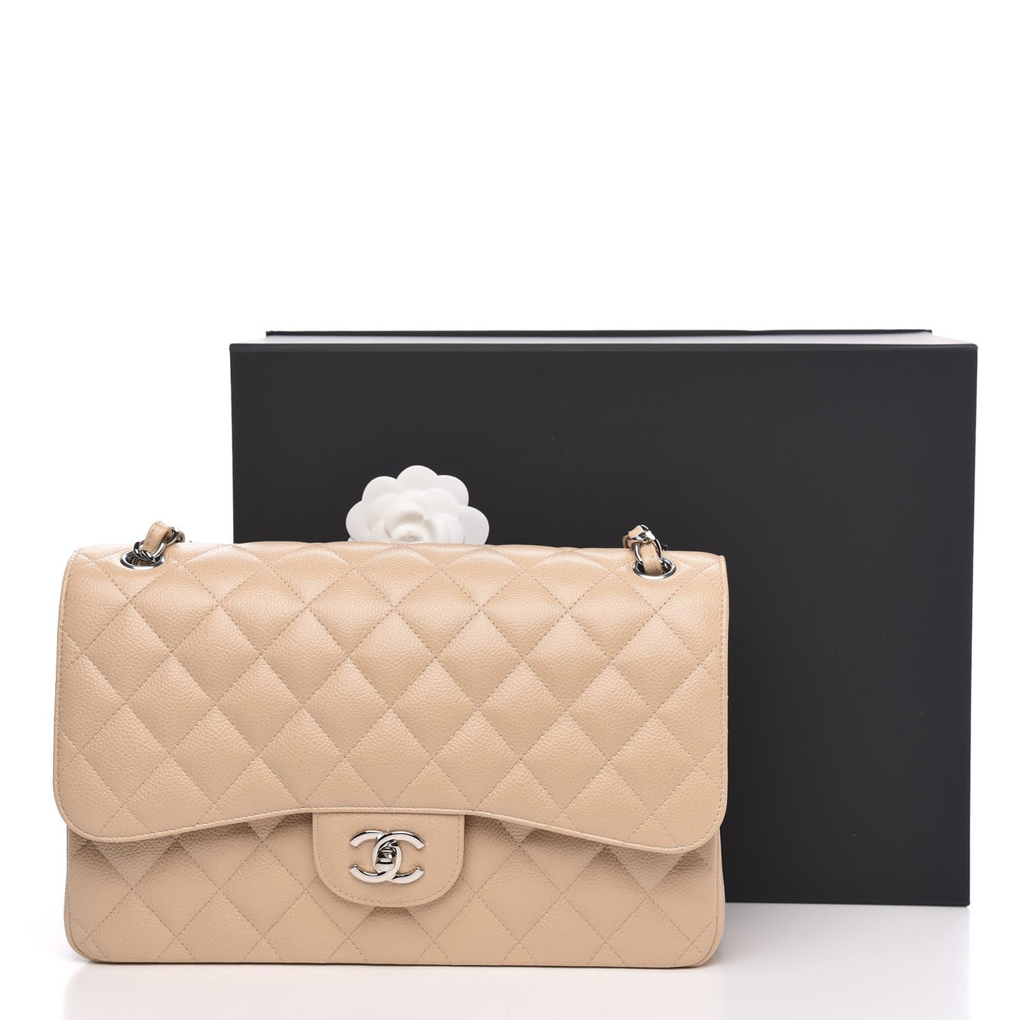 Caviar Quilted Jumbo Double Flap Beige Clair