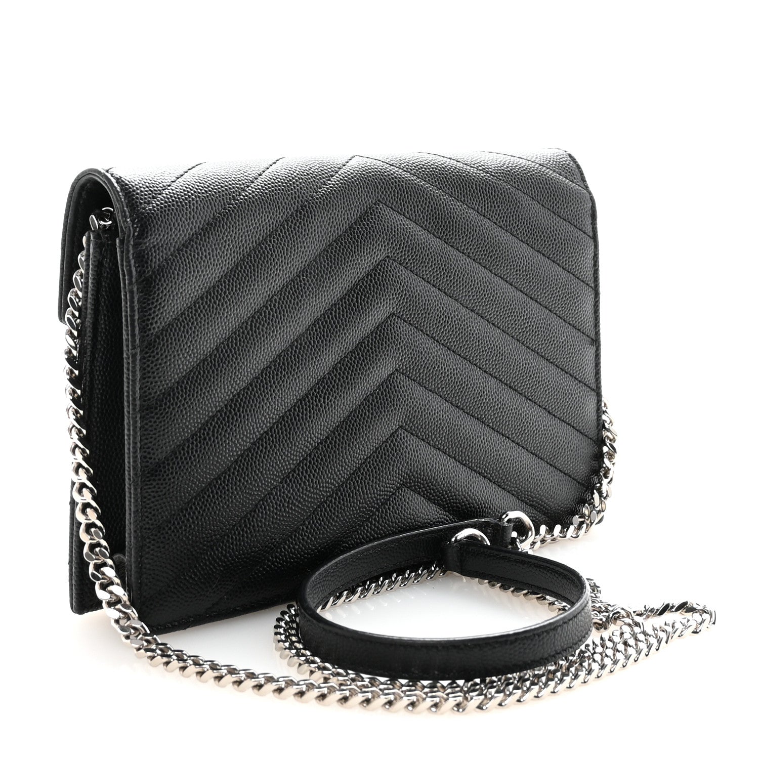 Saint Laurent Grain De Poudre Matelasse Chevron Monogram Envelope Chain Wallet Black 3 of 10