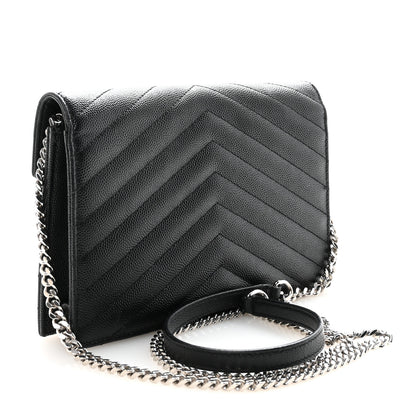 Saint Laurent Grain De Poudre Matelasse Chevron Monogram Envelope Chain Wallet Black 3 of 10