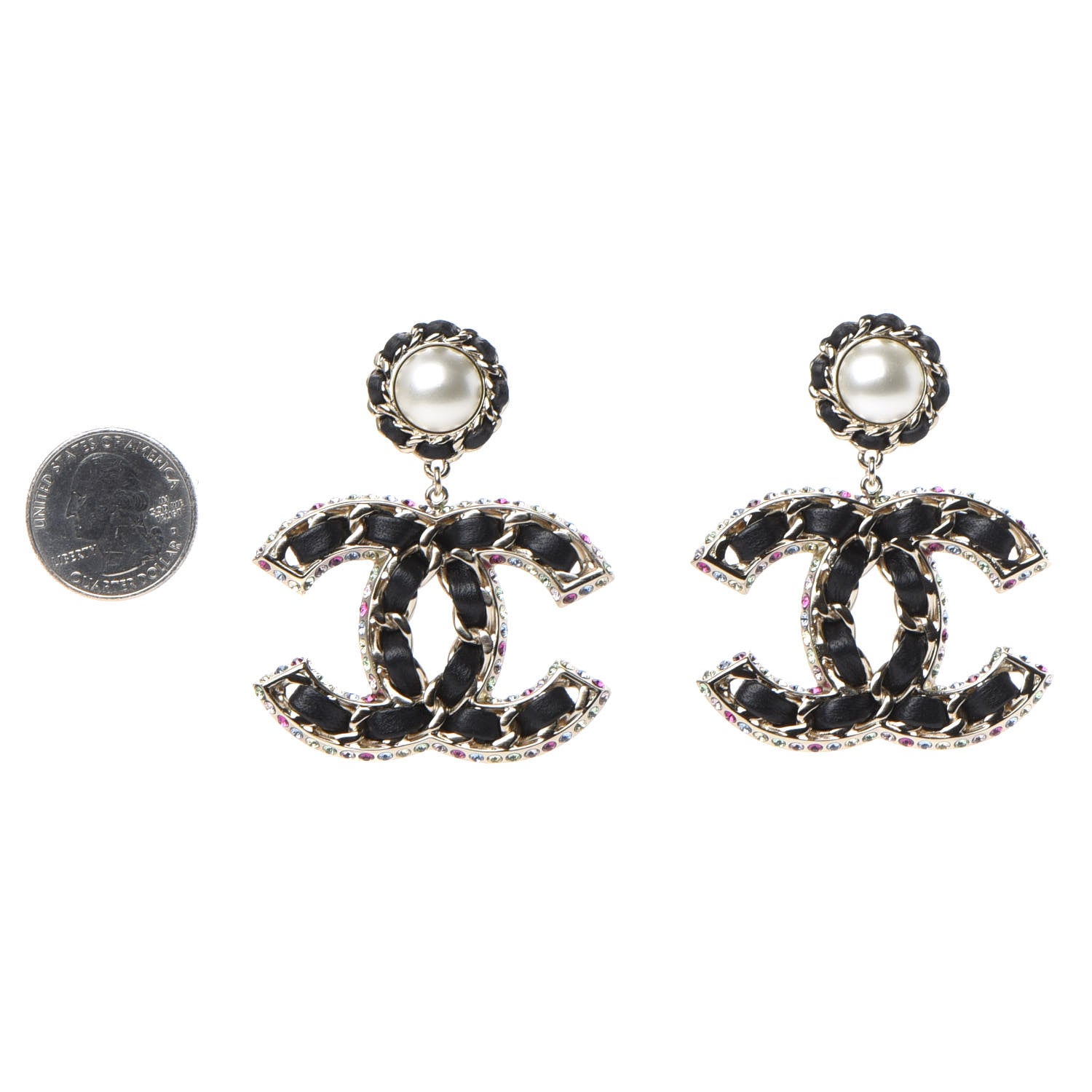 Chanel Lambskin Crystal Pearl CC Drop Earrings Gold Pearly White Black Multicolor 2 of 4