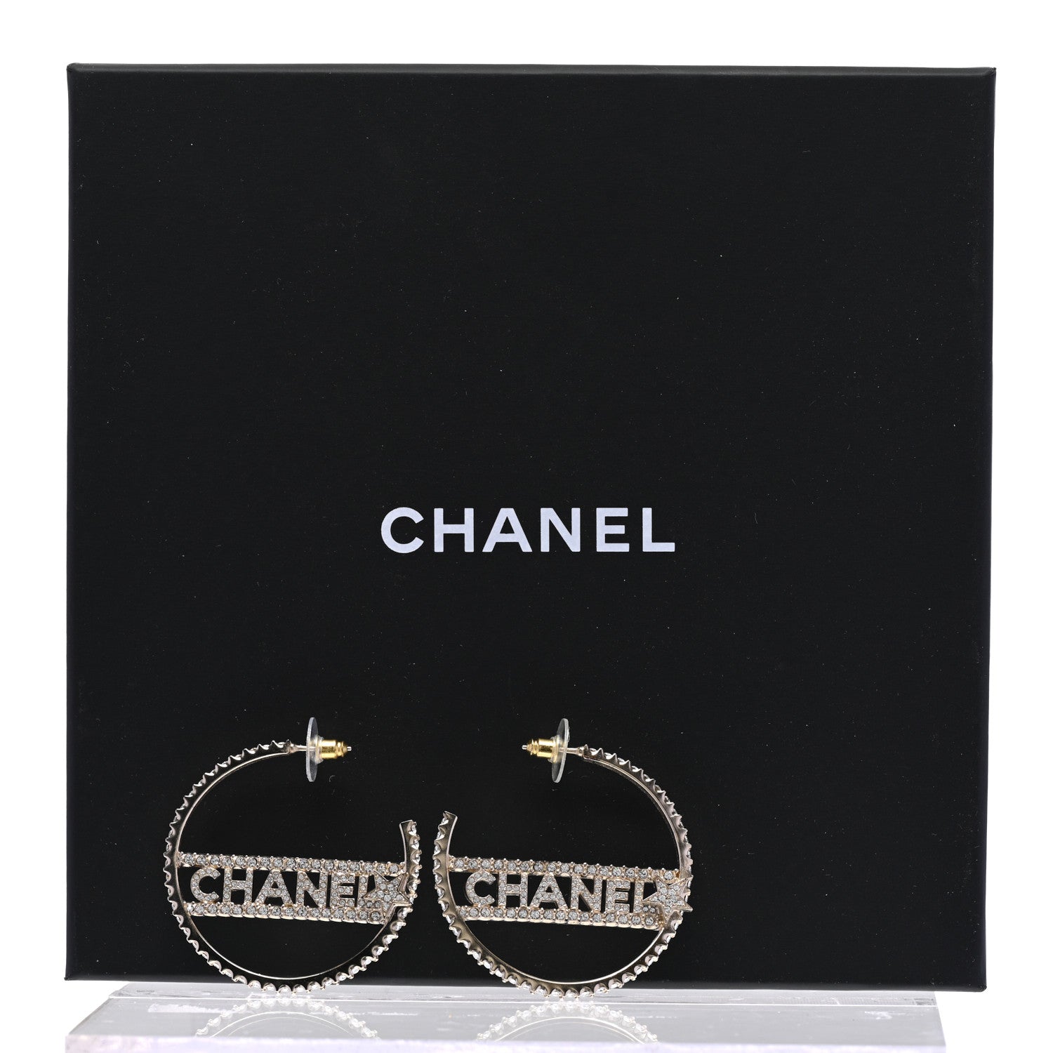 Chanel Crystal Logo Hoop Earrings Gold 5 of 5
