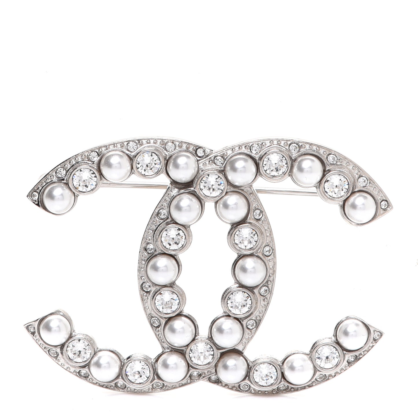Pearl Crystal CC Brooch Silver