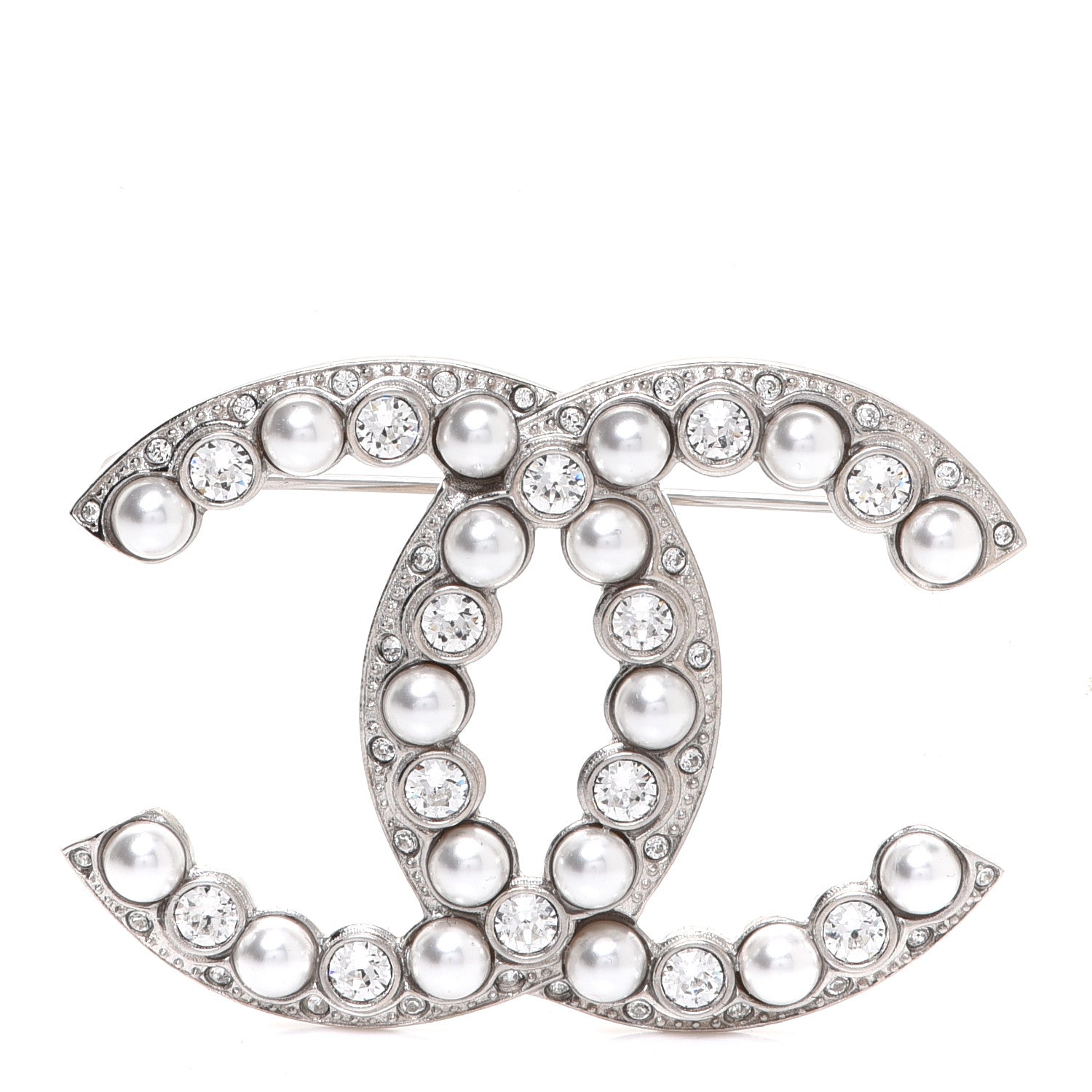 Chanel Pearl Crystal CC Brooch Silver 1 of 5