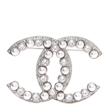 Chanel Pearl Crystal CC Brooch Silver 1 of 5