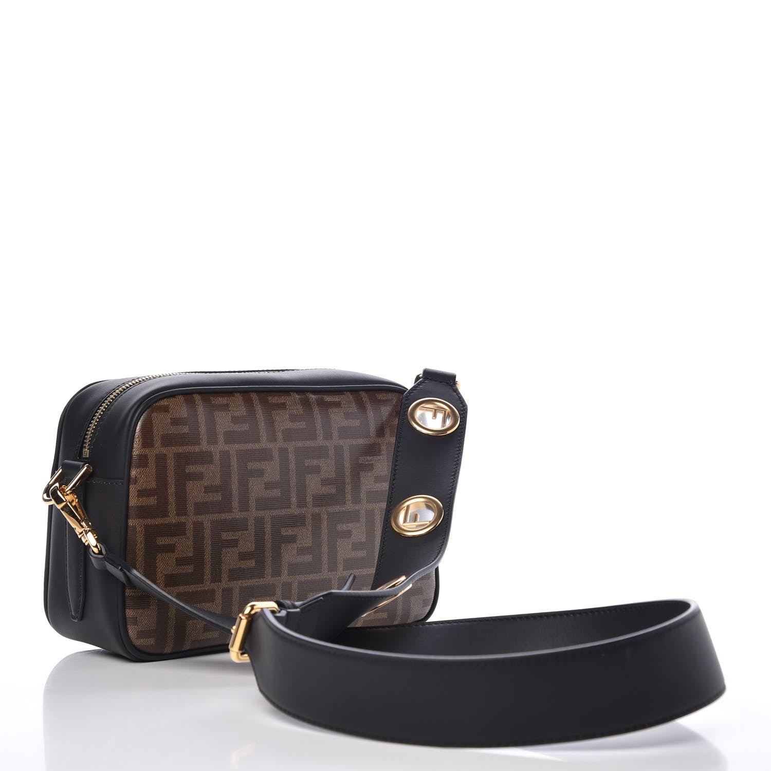 Fendi Glazed Fabric Vitello Century F is Fendi FF 1974 Stamp Patch Camera Case Mogano Panna Black 3 of 8