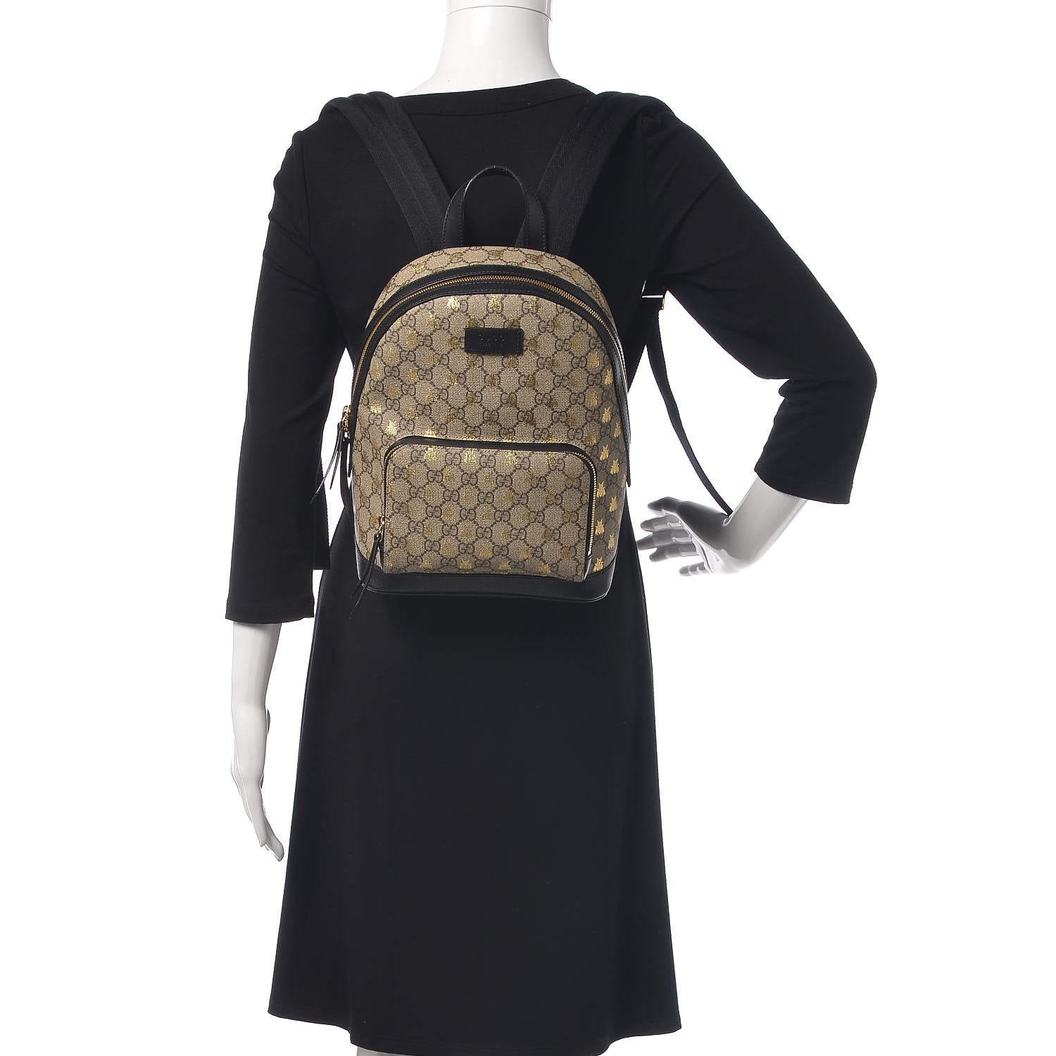 Gucci GG Supreme Monogram Bees Print Small Day Backpack Beige Oro Black 2 of 10