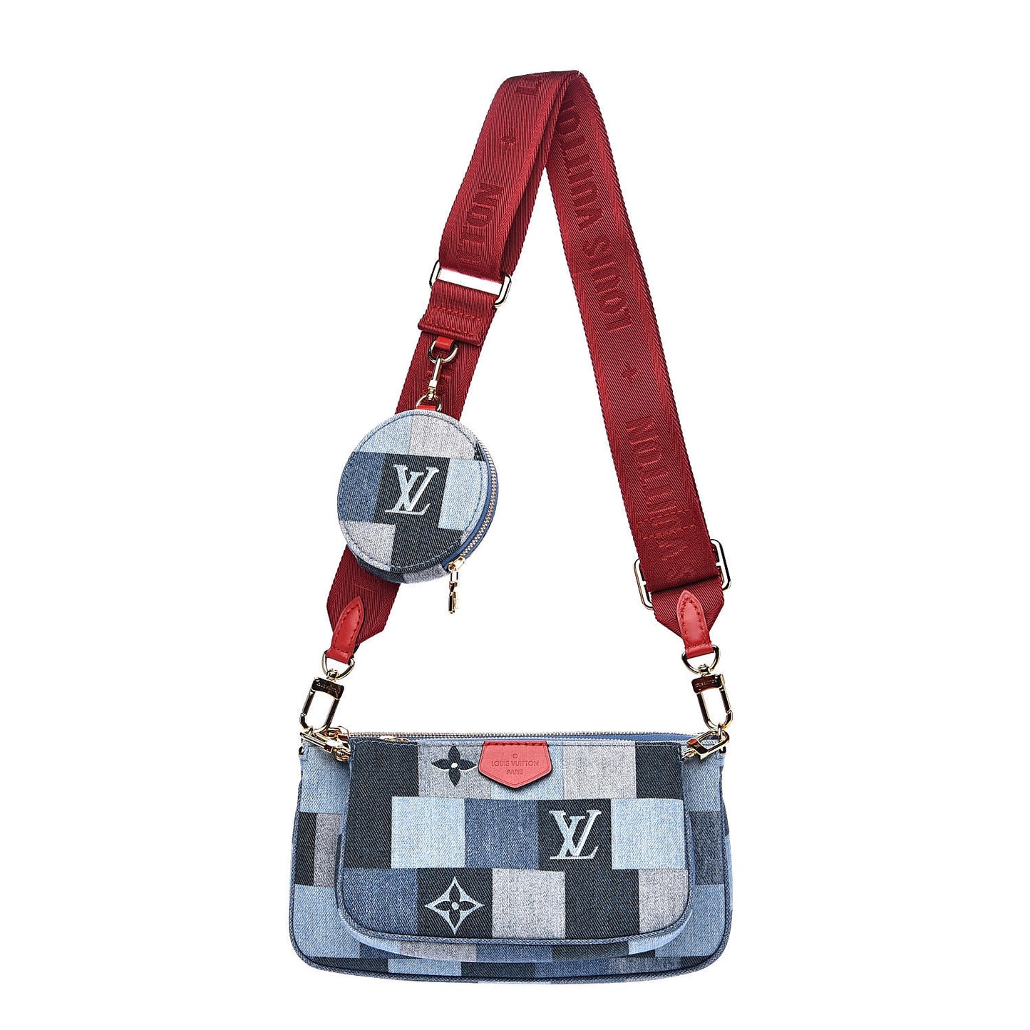 Denim Damier Monogram Patchwork Multi Pochette Accessories Blue Rouge