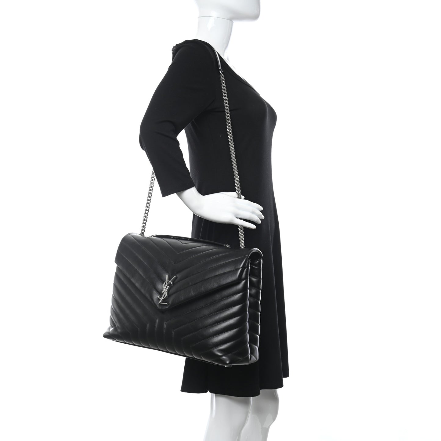 Calfskin Y Quilted Monogram Large Loulou Chain Satchel Black