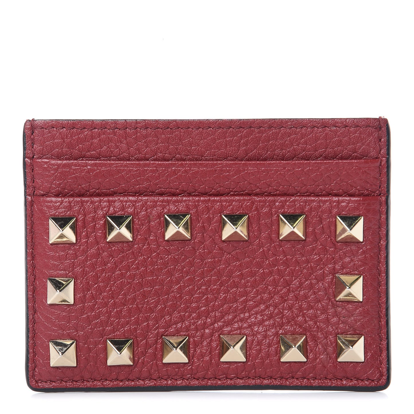 Pebbled Calfskin Rockstud Card Holder Burgundy
