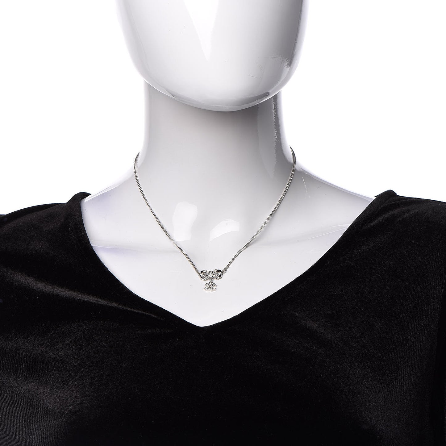 Crystal CC Bow Necklace Silver