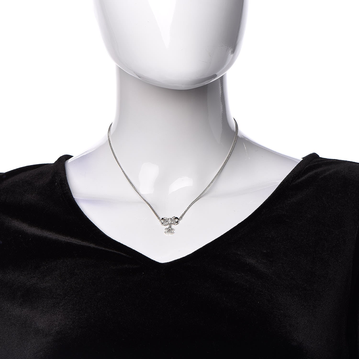 Chanel Crystal CC Bow Necklace Silver 2 of 5