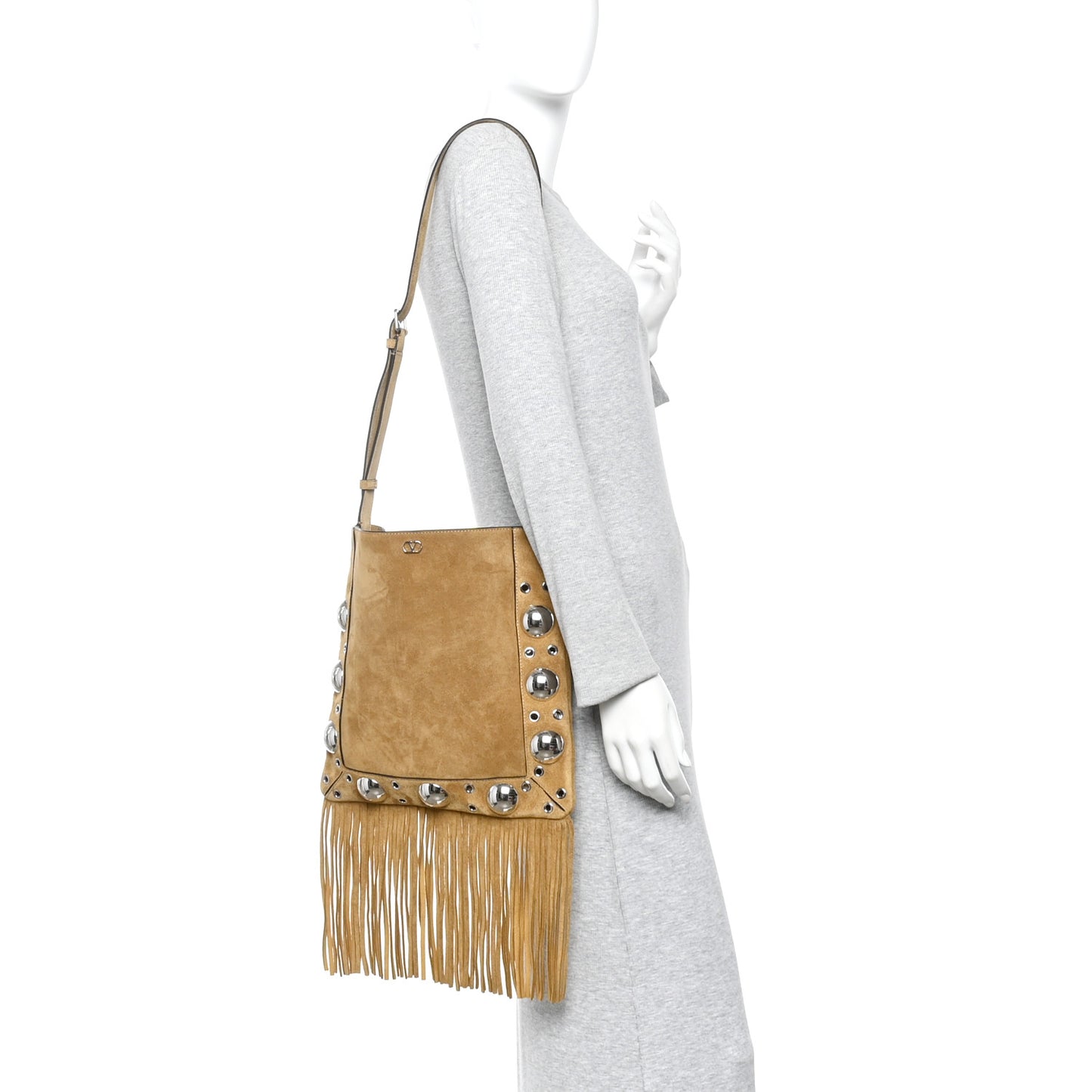 Suede Studded Nellcote Fringe Shoulder Bag Havana Beige