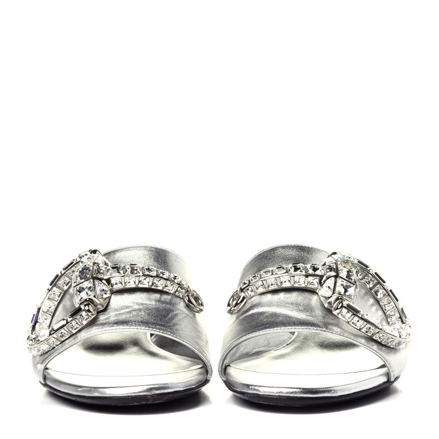Gucci Metallic Nappa Crystal Maxine Horsebit Slide Sandals 37.5 Silver 2 of 12