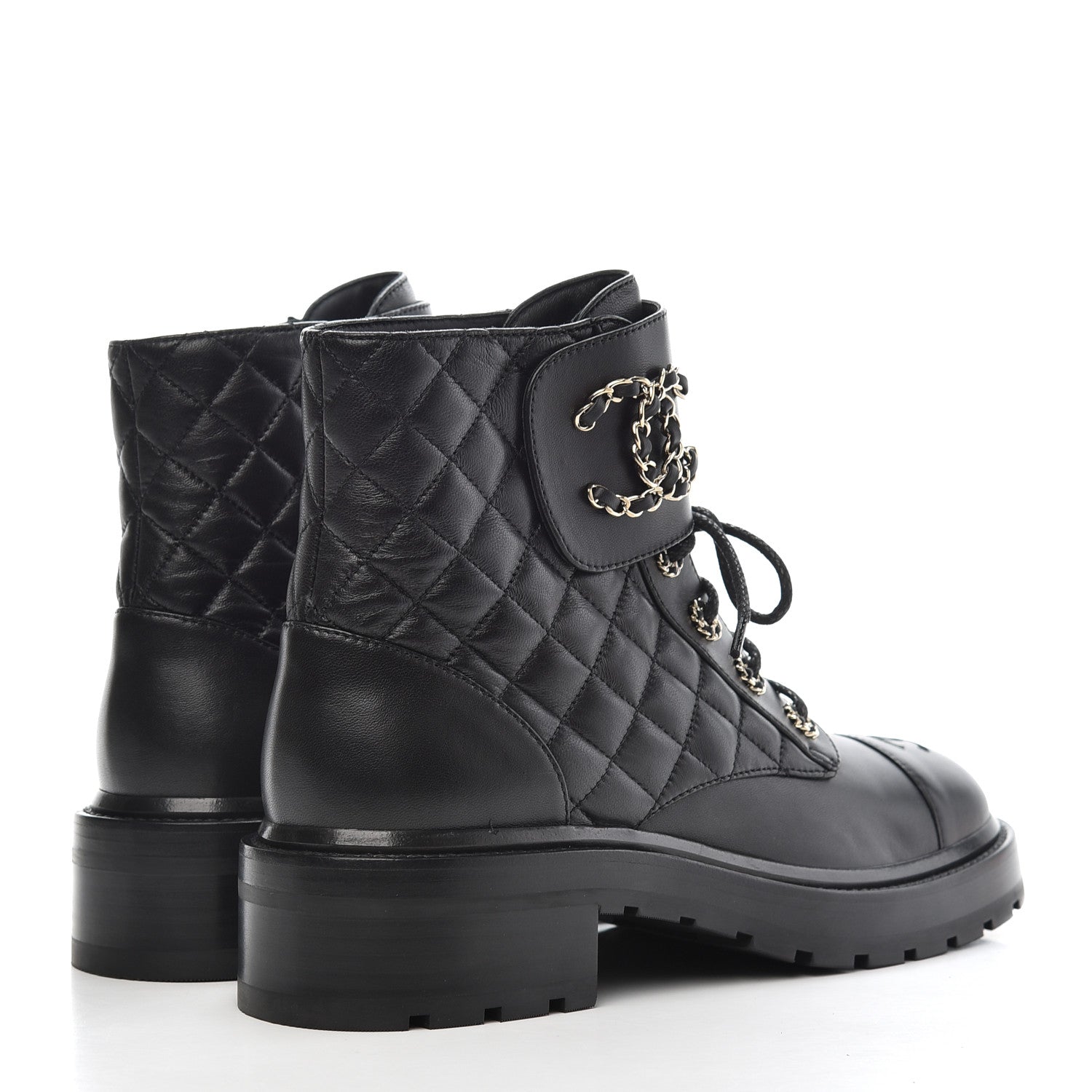 Chanel Shiny Lambskin Quilted Lace Up Combat Boots 39 Black 4 of 10