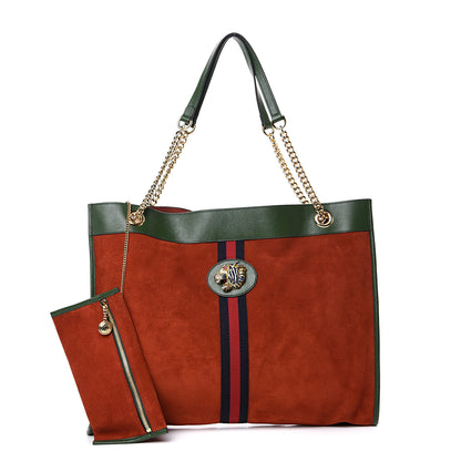 Gucci Suede Calfskin Large Rajah Chain Tote Brown Green 1 of 12
