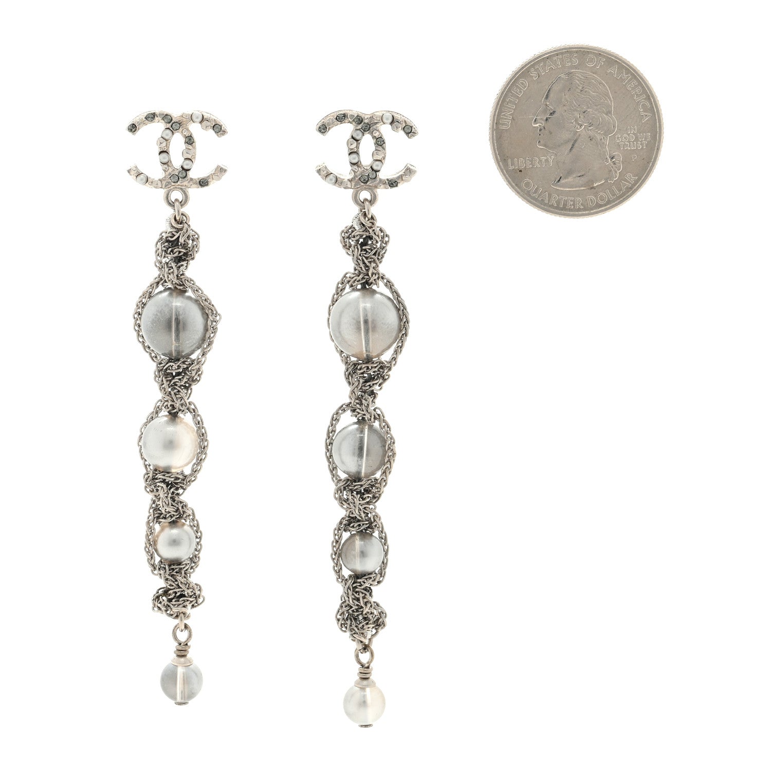 Chanel Pearl Crystal CC Chain Drop Earrings Silver 2 of 4