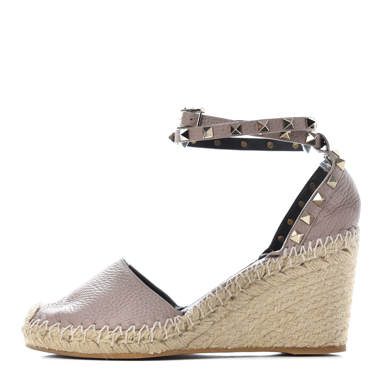 Grained Calfskin Rockstud Ankle Wrap Espadrille 15/85mm Wedges 38 Poudre