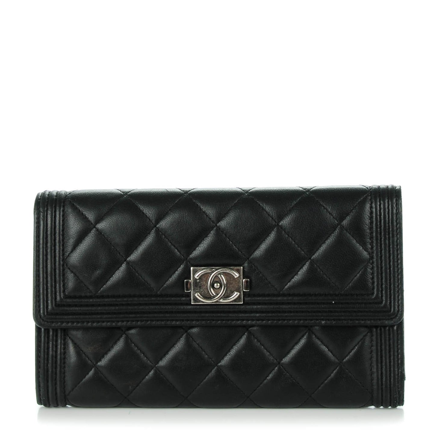 Lambskin Quilted Large Boy Flap Wallet Black
