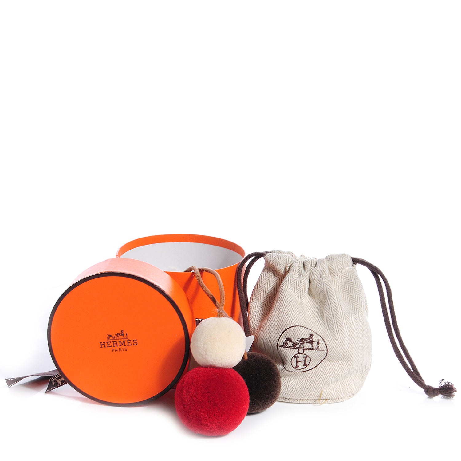 Hermes Wool Laine Et Cuir Pom Poms Bag Charm Parchemin Rouge Vif 6 of 9