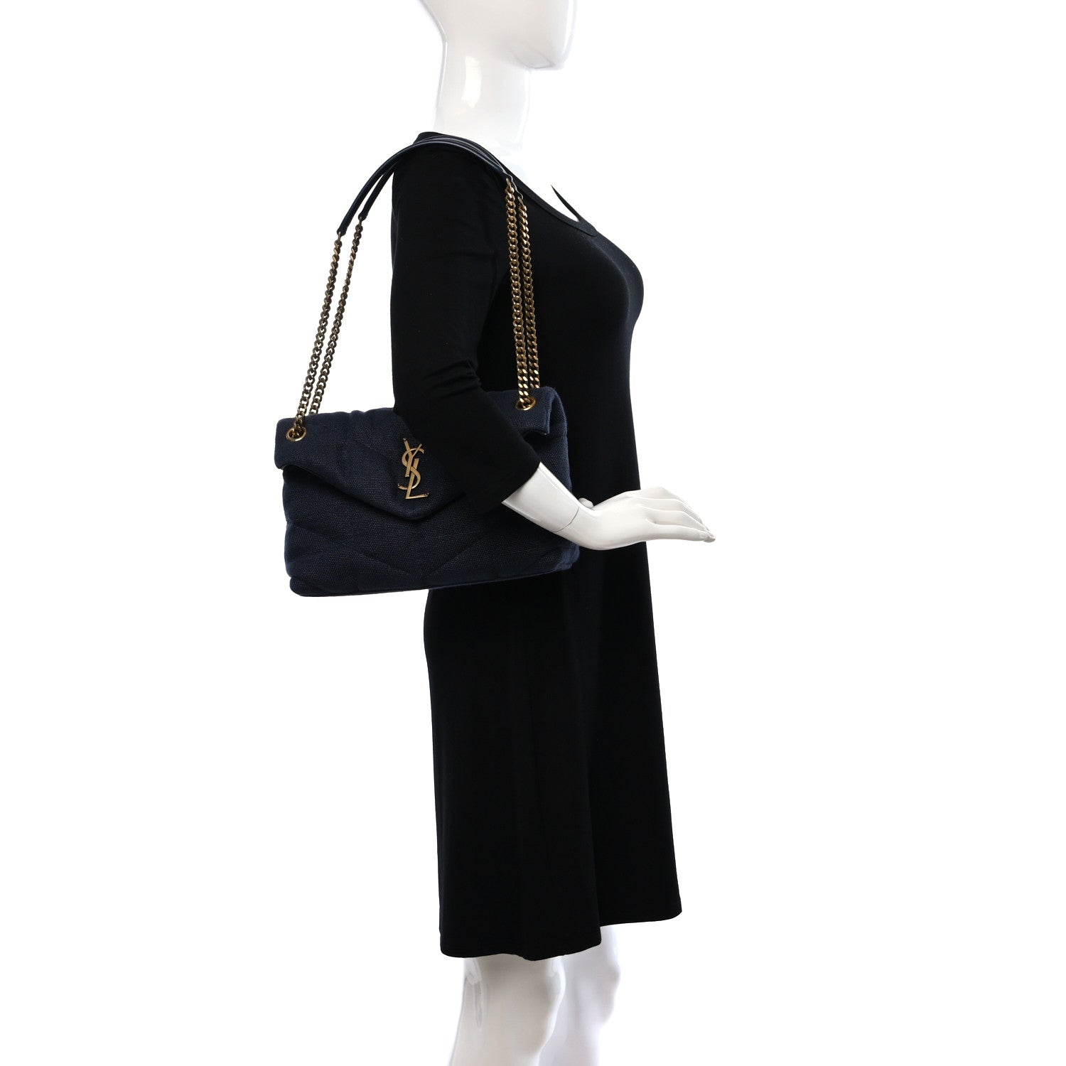 Saint Laurent Canvas Quilted Small Loulou Puffer Monogram Chain Satchel Deep Marine 2 of 9
