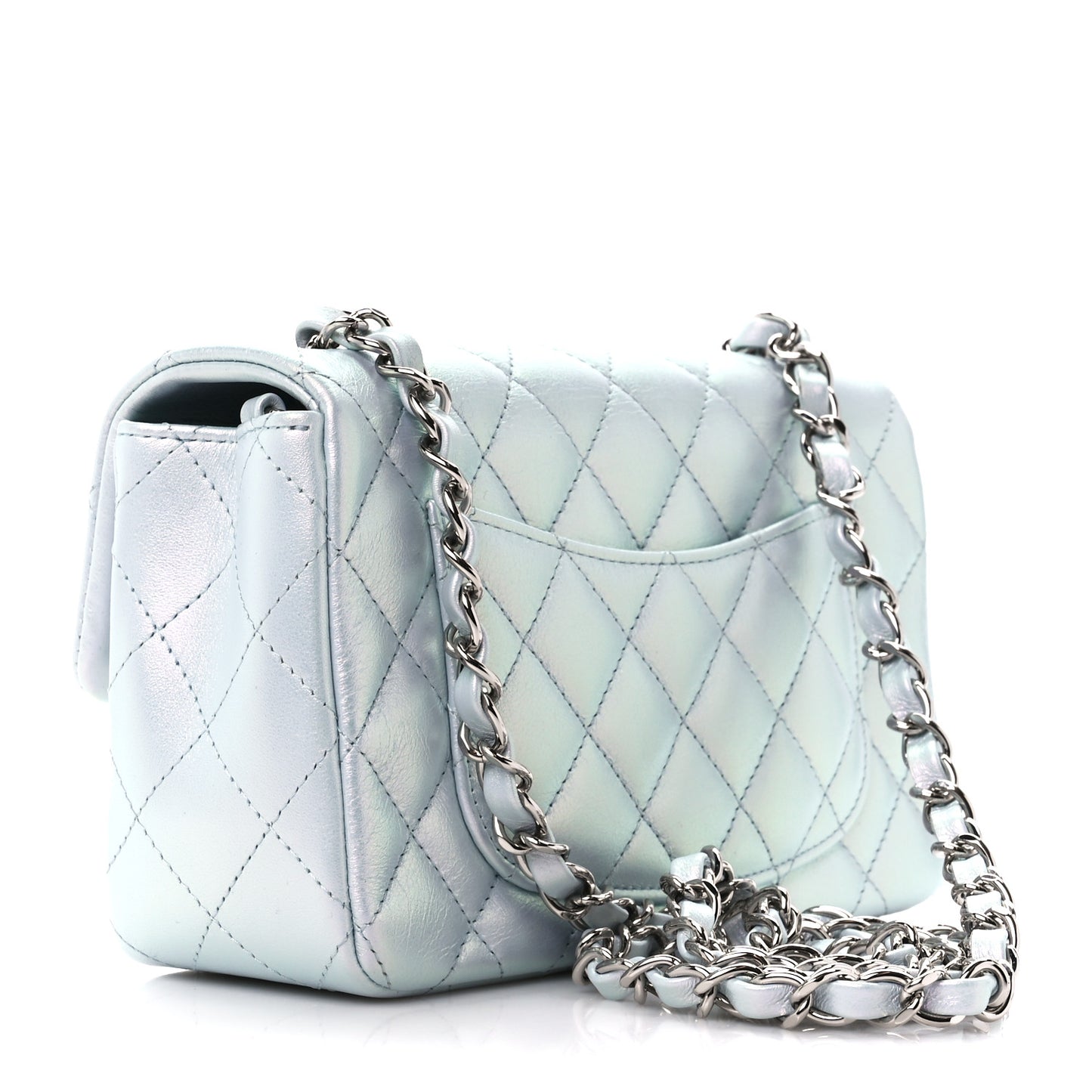 Iridescent Calfskin Quilted Mini Rectangular Flap Light Blue