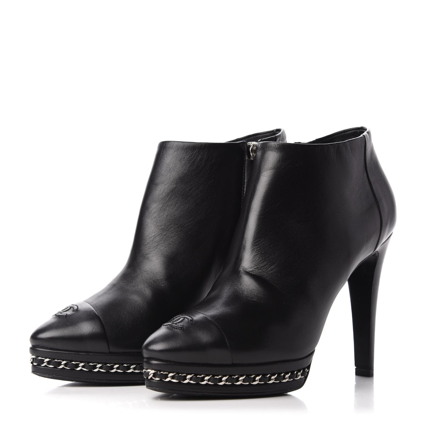 Lambskin CC Platform Cap Toe Chain Ankle Boots 37 Black