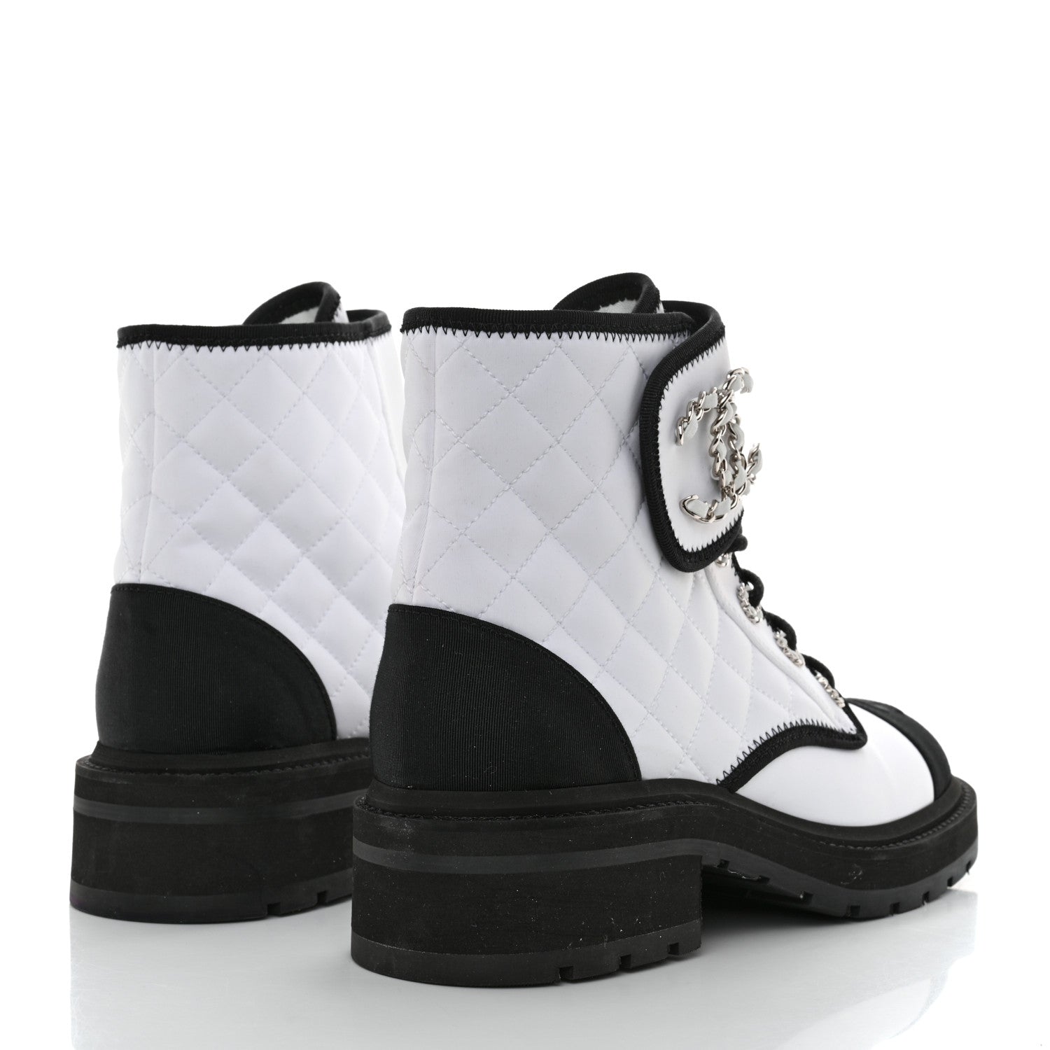 Chanel Fabric Grosgrain Quilted Cap Toe Lace Up Combat Boots 39 Black White 4 of 11
