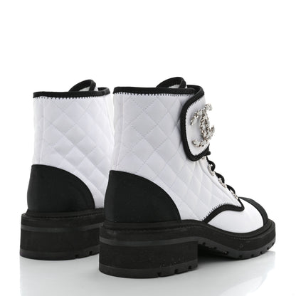 Chanel Fabric Grosgrain Quilted Cap Toe Lace Up Combat Boots 39 Black White 4 of 11