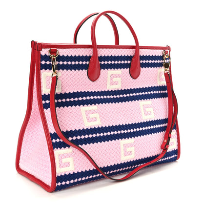 Gucci Fabric Embroidered Sydney Striped Tote Bag Violet Fuchsia 3 of 10
