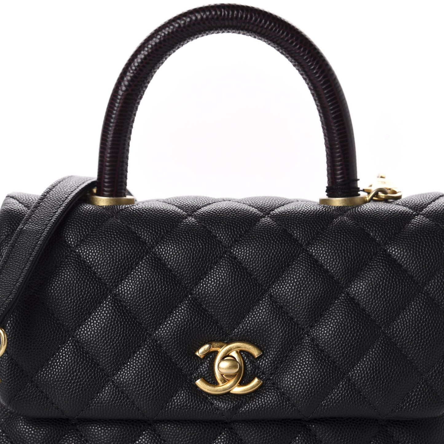 Caviar Lizard Embossed Quilted Mini Coco Handle Flap Black