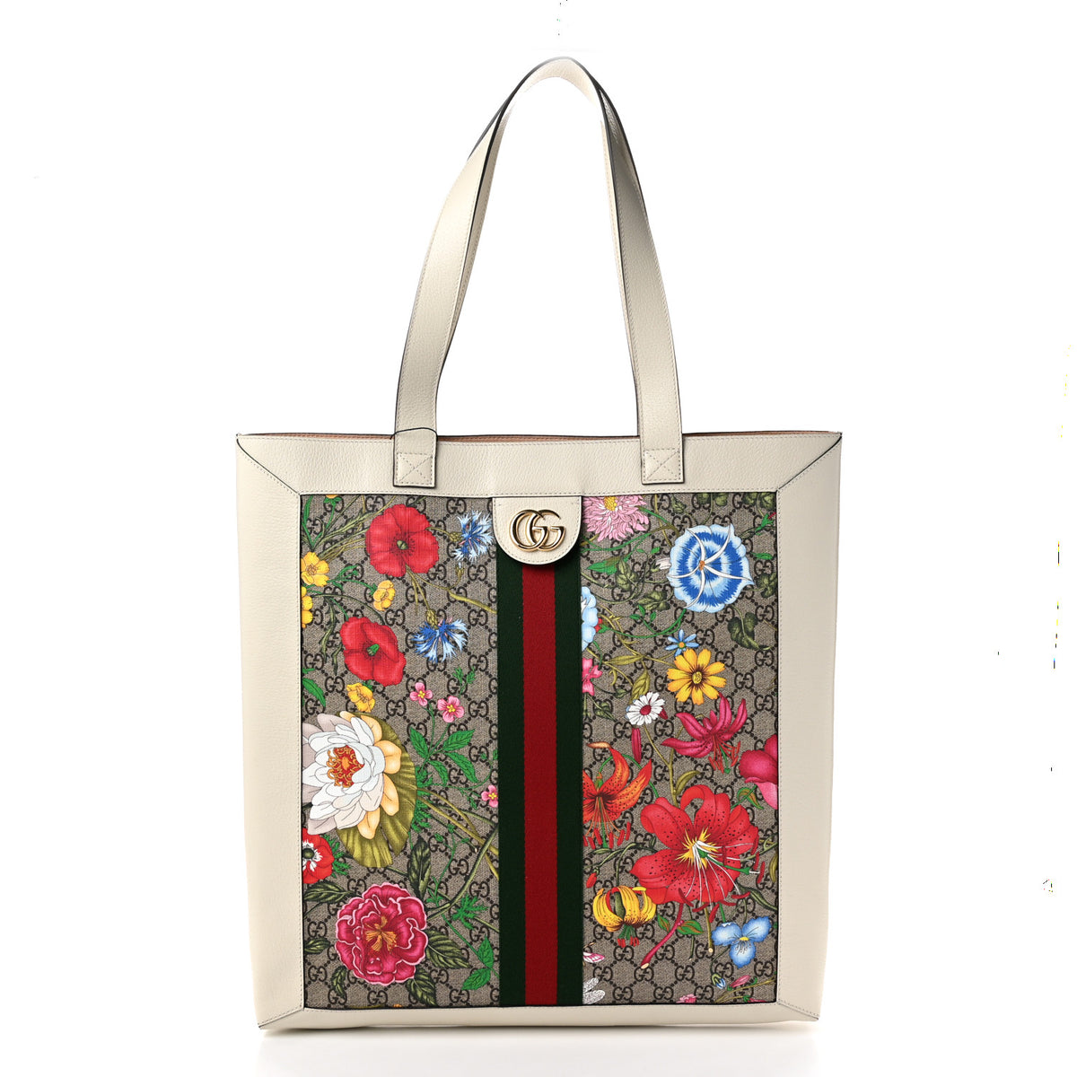 GG Supreme Monogram Flora Web Ophidia Vertical Shopping Tote White