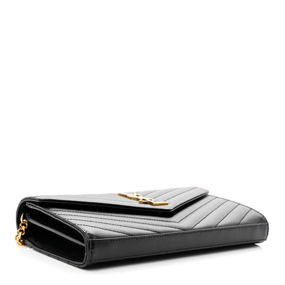 Saint Laurent Grain De Poudre Matelasse Chevron Monogram Chain Wallet Black 4 of 10