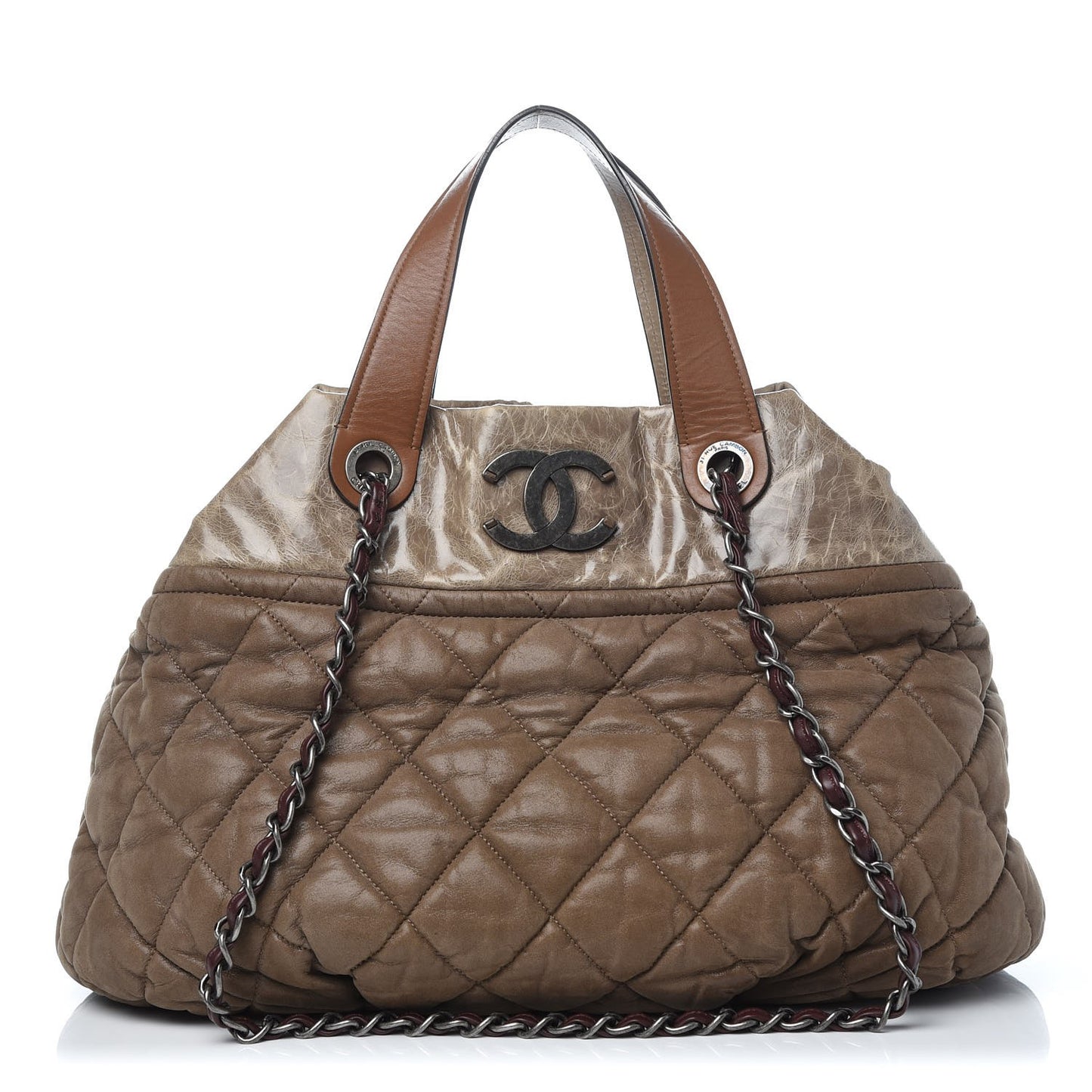Iridescent Calfskin Quilted Large In The Mix Tote Khaki
