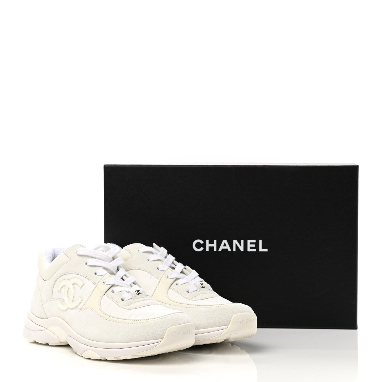 Chanel Suede Calfskin Fabric CC Sneakers 40 White 9 of 9