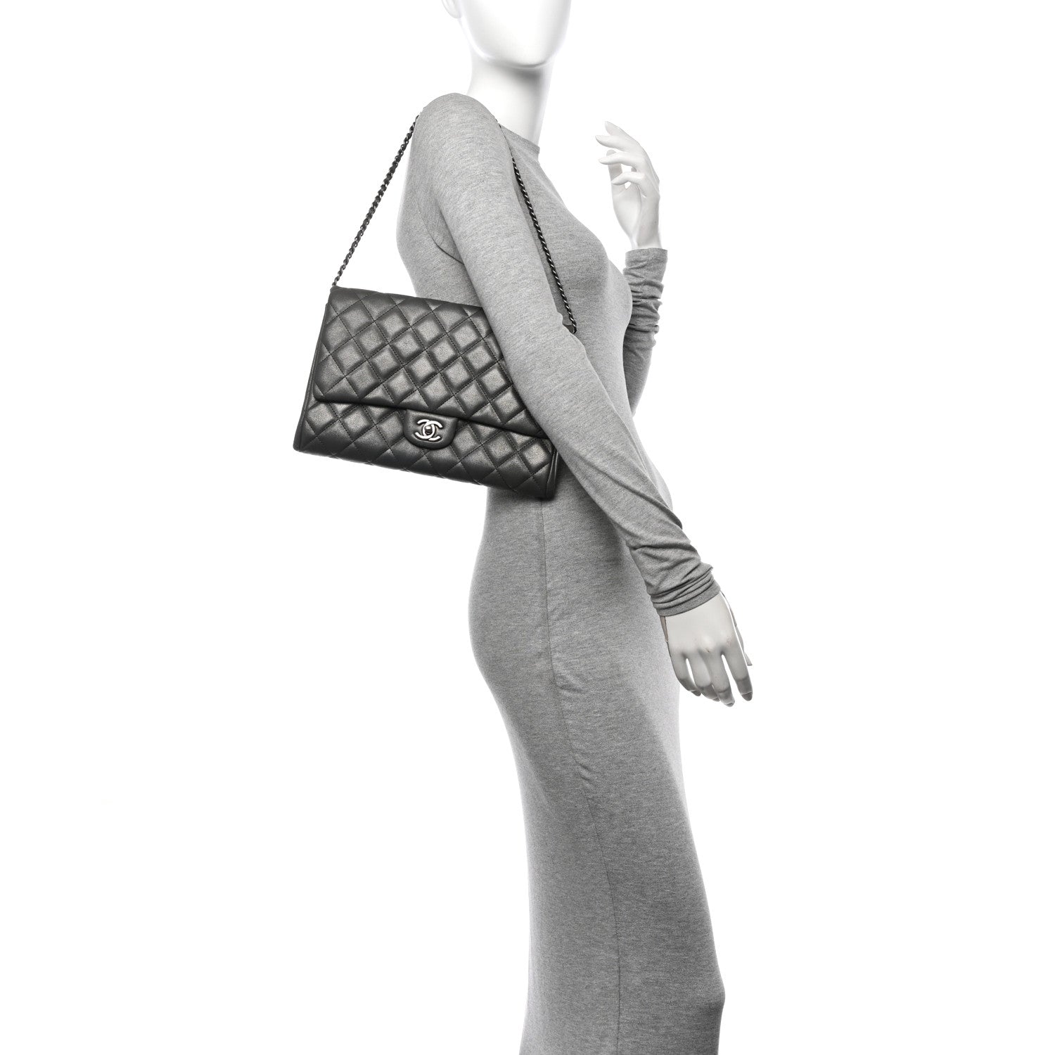 Chanel Metallic Calfskin Quilted Clutch With Chain Flap Charcoal Grey 2 of 12
