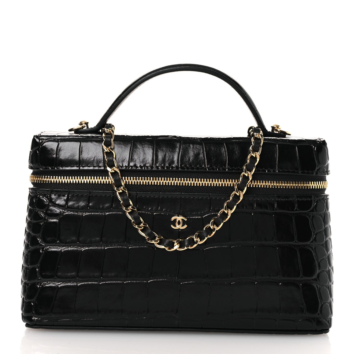 Calfskin Crocodile Embossed Crococo Top Handle Slim Vanity Case With Chain Black