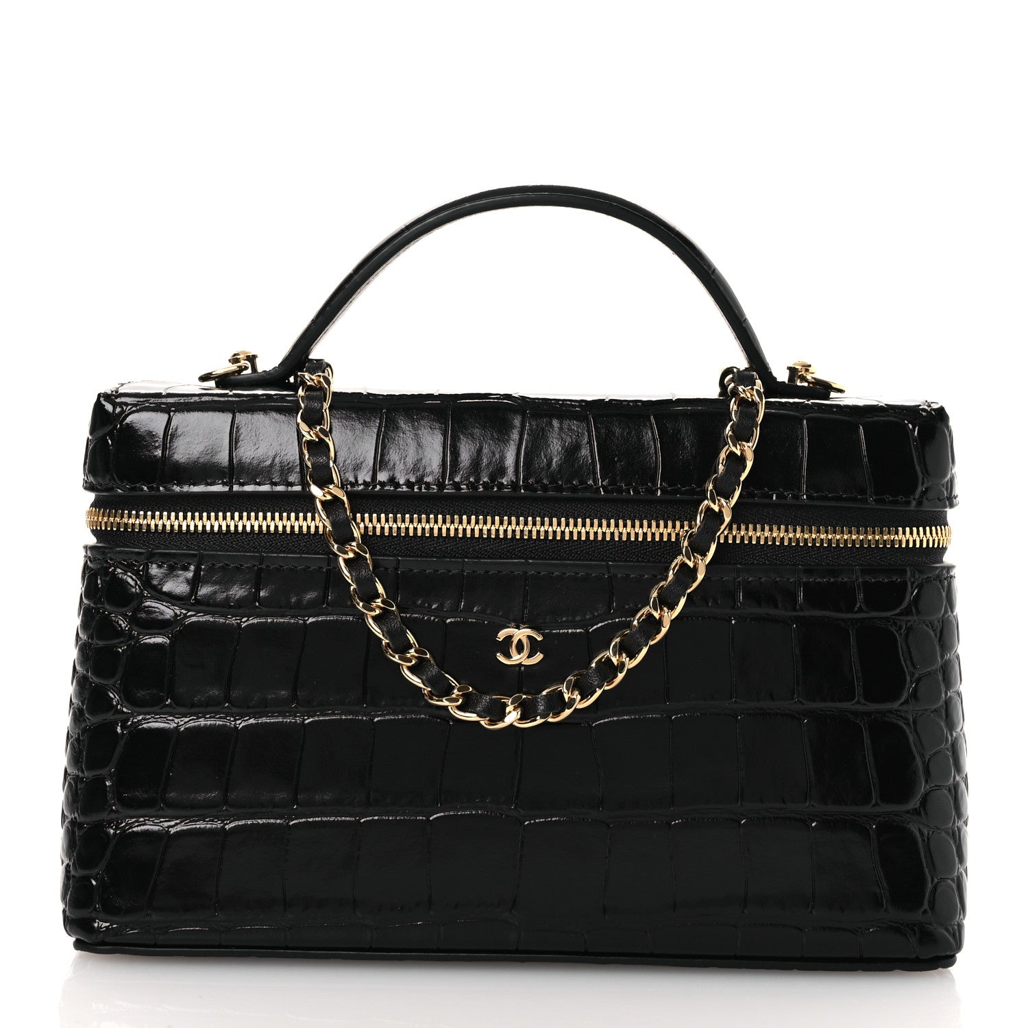Chanel Calfskin Crocodile Embossed Crococo Top Handle Slim Vanity Case With Chain Black 1 of 11