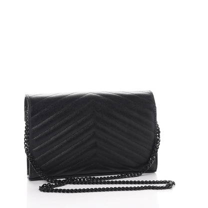 Saint Laurent Grain De Poudre Matelasse Chevron Monogram Chain Wallet Black 3 of 8