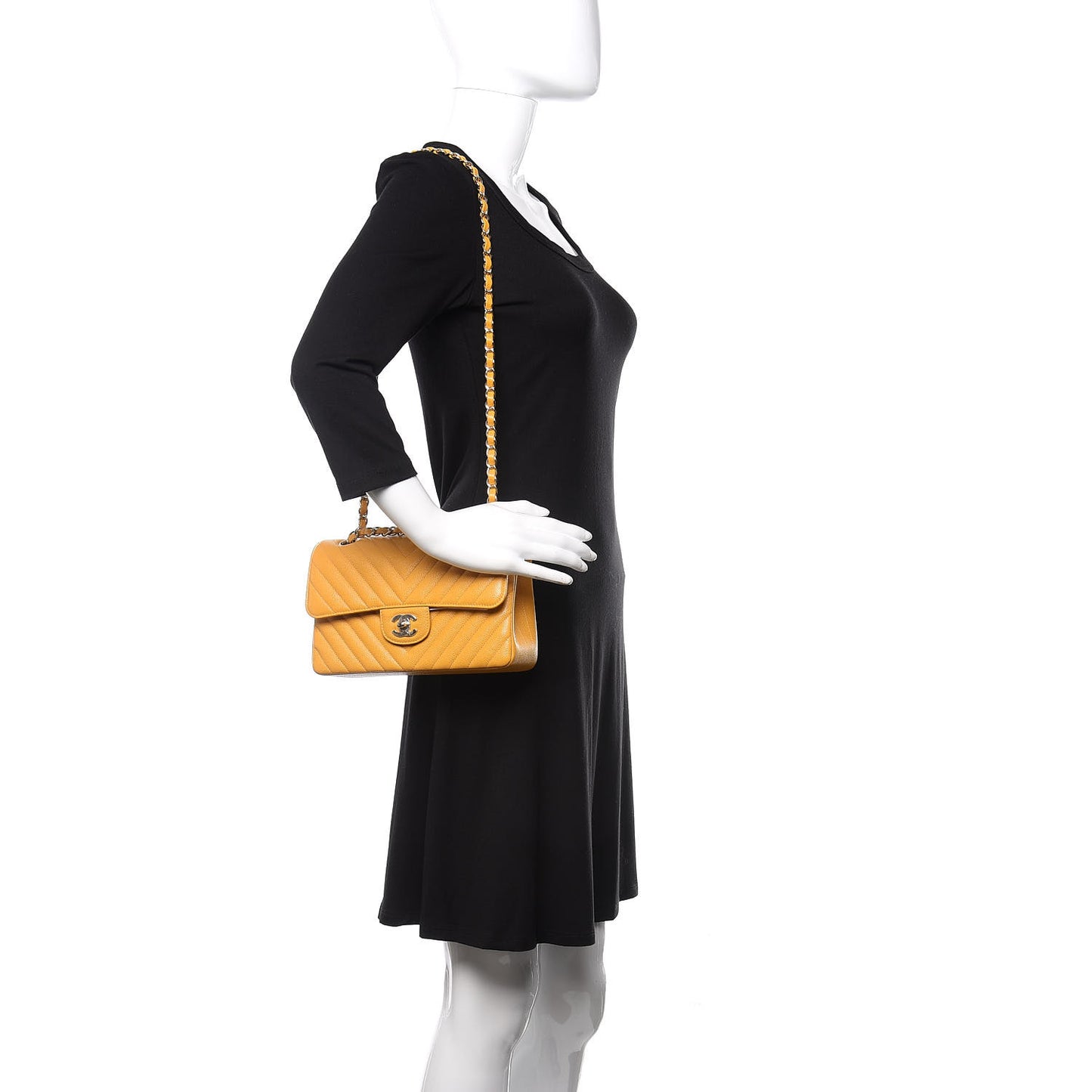 Caviar Chevron Quilted Small Double Flap Yellow
