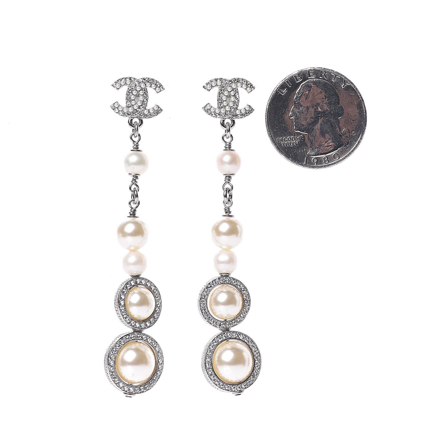 Crystal Pearl CC Drop Earring Silver